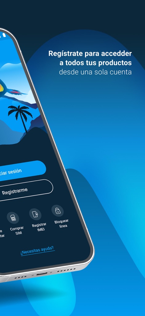 Mi Movistar Colombia - 新規登録画面では、明確な「Regístrate」ボタンが目立ち、SIM購入やIMEI登録などの多様な製品管理機能がアイコンで示されています。