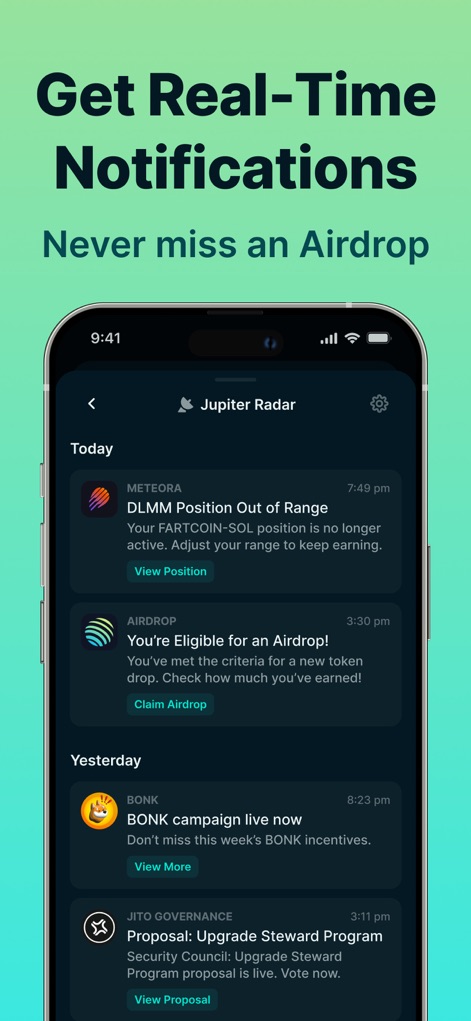 Jupiter Mobile - Solana Wallet - The app keeps users informed with real-time notifications, including alerts for "DLMM Position Out of Range" and eligibility for "Airdrop" events.