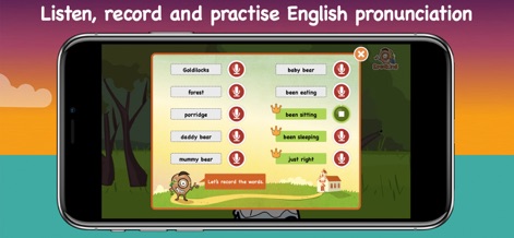 LearnEnglish Kids: Playtime - このアプリは、「Goldilocks」などの単語リストに表示されたマイクアイコンをタップして発音を録音する機能を提供します。また、録音した自分の声とネイティブ音声を比較できる再生ボタンも視覚的に利用可能です。