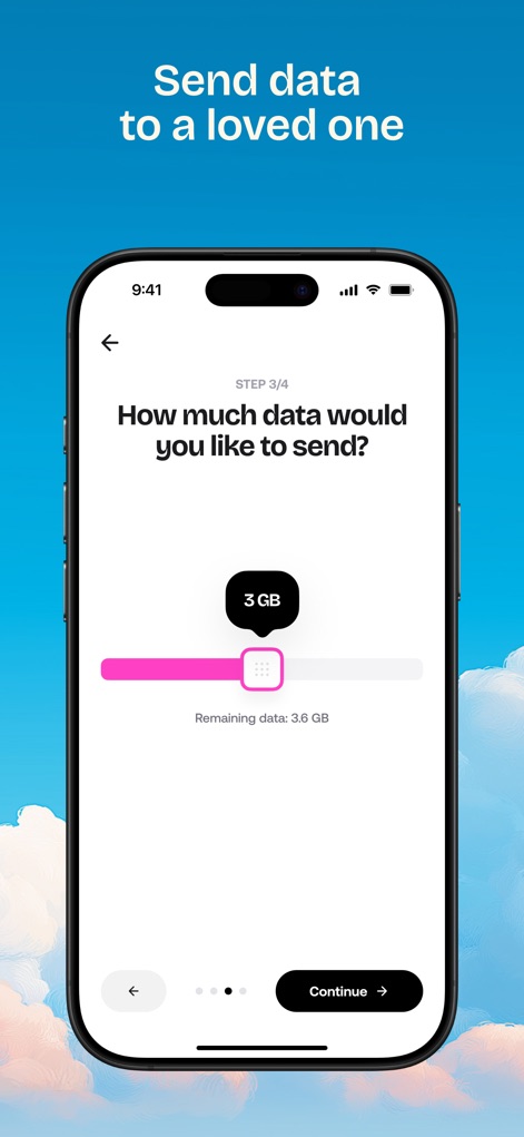 Kolet: Travel eSIM - 이 앱은 사용자가 사랑하는 사람에게 데이터를 보낼 수 있는 기능을 제공하며, 'How much data would you like to send?' 화면에서 직관적인 슬라이더와 'Remaining data: 3.6 GB' 정보를 통해 보낼 양을 쉽게 조절할 수 있습니다.