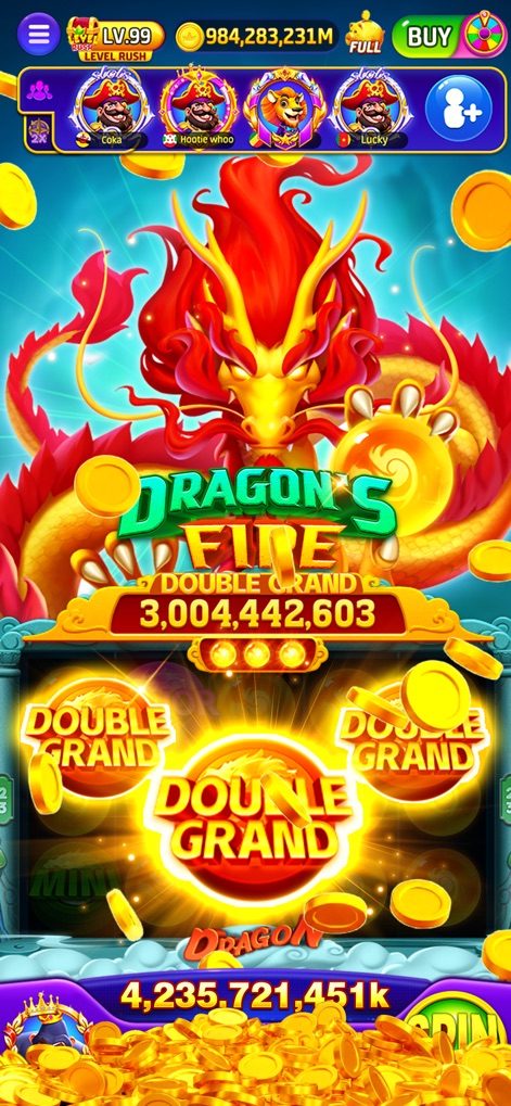 Jackpot Dreams - Slots Casino - Experience the fierce red dragon and the blazing 'DOUBLE GRAND' symbols, indicating massive payout potential in this mythical game.