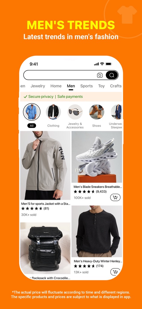 Temu: Shop Like a Billionaire - この画面では「MEN'S TRENDS Latest trends in men's fashion」のセクションが表示されており、ユーザーは最新のジャケットやスニーカーなど、トレンドを取り入れたメンズアパレルの商品画像を詳細に確認できます。