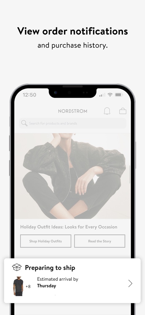 Nordstrom - The app provides users with engaging "Holiday Outfit Ideas" and essential "Preparing to ship" order status updates for their purchases.