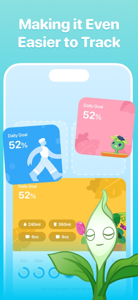 Plant Nanny Cute Water Tracker - La aplicación presenta tarjetas de "Daily Goal" mostrando un 52% de progreso, junto con opciones claras para registrar la ingesta de agua en diferentes unidades como 240 ml o 8 oz.