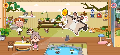 Miga Town: My Pets - El entorno interior muestra un relajante estanque con ranas y una exuberante vegetación, creando un hábitat acogedor para las mascotas.