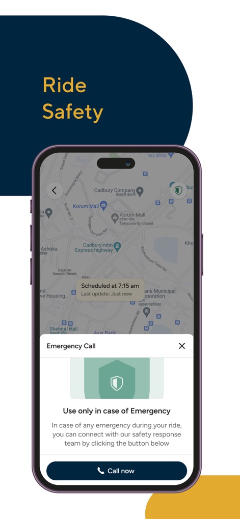 Cityflo - Premium office rides - Users are provided with enhanced safety features, including a prominent "Emergency Call" option and a clear shield icon for immediate assistance.