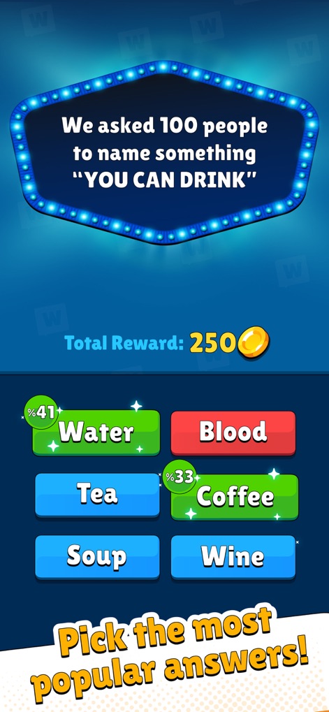 Popular Words: Family Game - Explore how the app presents diverse trivia questions, revealing popular answers such as "Water" and "Coffee" along with their respective percentages.