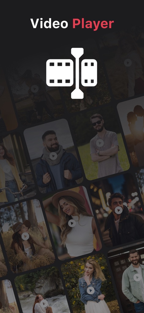 Vid-Matè : Video & Music - La aplicación presenta una interfaz de reproducción de video organizada con un diseño de cuadrícula de miniaturas, mostrando un ícono de reproducción superpuesto en cada clip para un acceso instantáneo.