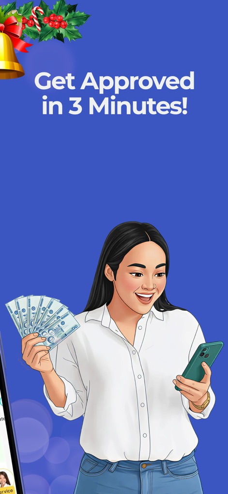 Mocasa: Pay Later & Quick Loan - Experience rapid processing with the app's promise to 'Get Approved in 3 Minutes!', as visually represented by a delighted user holding cash.
