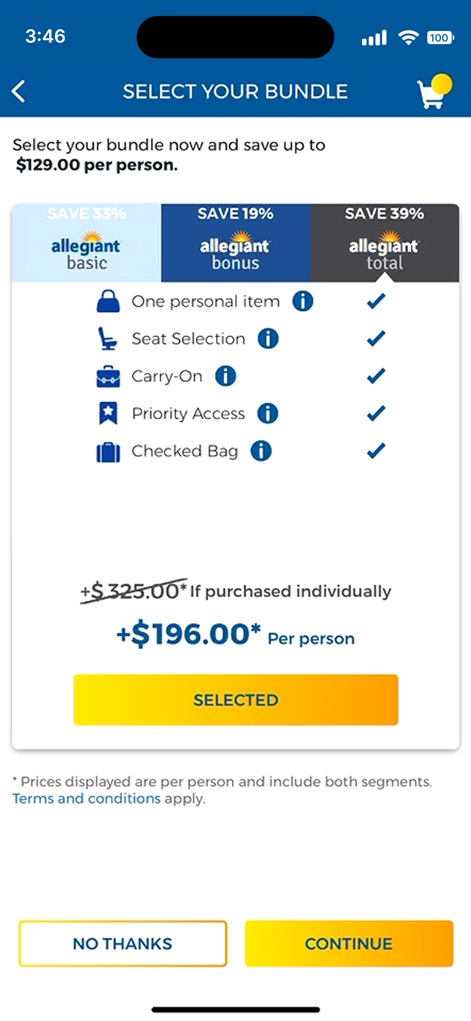 Allegiant - This tool clearly presents various travel bundles like "Allegiant Basic" and "Allegiant Total," detailing included amenities such as "personal item" and "seat selection."