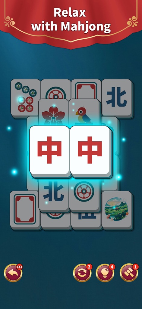 Mahjong Solitaire: Match Game - See how the app highlights matched tiles with a vibrant glow and provides essential gameplay controls like undo and shuffle for a smooth experience.