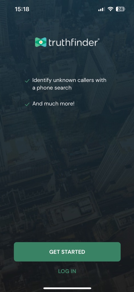 TruthFinder Search - La pantalla de inicio presenta el logo de 'truthfinder' y destaca su función principal para 'identificar llamadas desconocidas', guiando a los usuarios con un claro botón 'GET STARTED'.