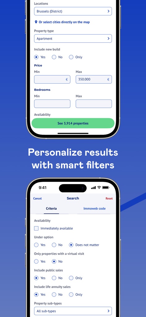 Immoweb - Dieses Tool ermöglicht eine hochgradig personalisierte Suche mittels intelligenter Filter, die eine genaue Eingrenzung nach "Price" und die Auswahl spezifischer "Property sub-types" erlauben.