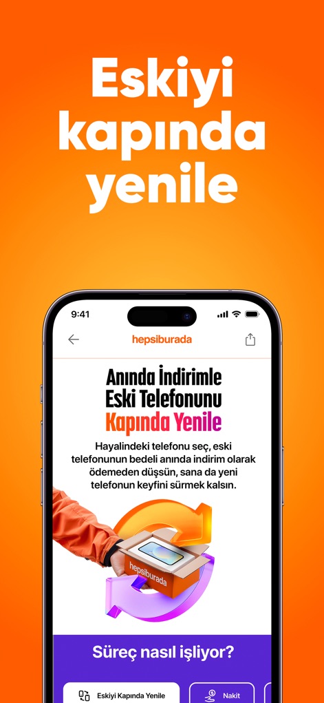 Hepsiburada: Online Shopping - Witness how the platform facilitates device upgrades with an illustrative exchange graphic and provides a clear breakdown of the 'Renew Your Old Phone' instant discount process.