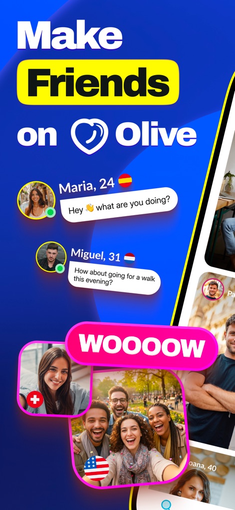 Olive - Make New Friends - See how the app facilitates new friendships with prominent chat bubbles and inviting group photo displays, emphasizing social interaction.
