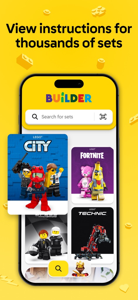 LEGO® Builder: 3D Instructions - Easily navigate the extensive set library with a prominent 'Search for sets' bar and a convenient QR code scan icon for quick access to instructions.