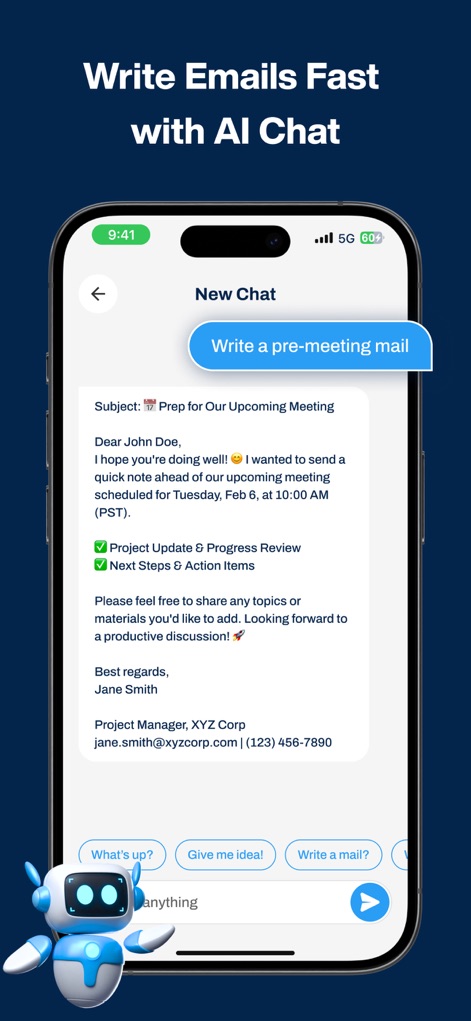 Dual Space : Parallel Accounts - This feature provides an intelligent AI chat interface for drafting emails, complemented by an engaging AI robot character offering quick action buttons for enhanced productivity.