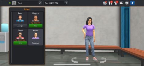 Bus Simulator Indonesia: Maleo - This screen showcases the detailed driver roster and the interactive 3D character preview, essential for managing your bus company.