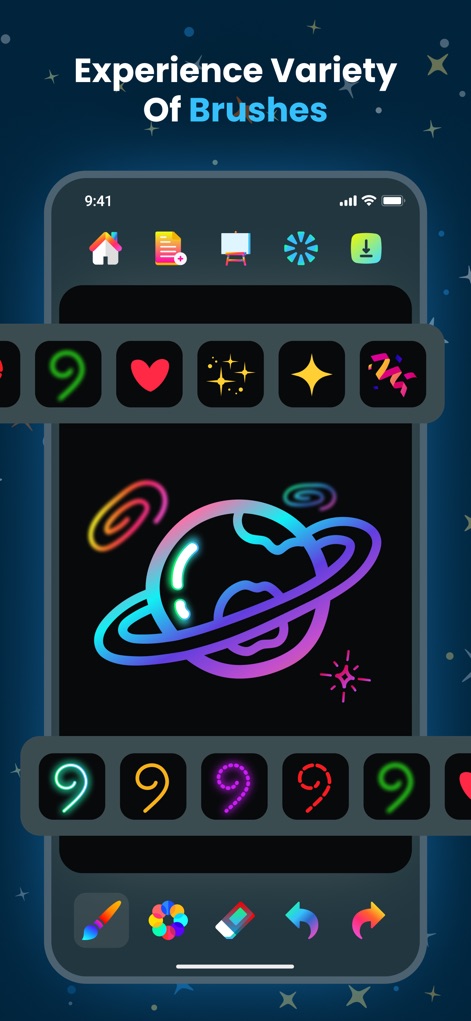 Doodle Magic: Glow Art Drawing - Esta herramienta ofrece una amplia selección de estilos de pincel para la expresión artística, demostrando diversos patrones de pinceladas y una ilustración de planeta brillante.