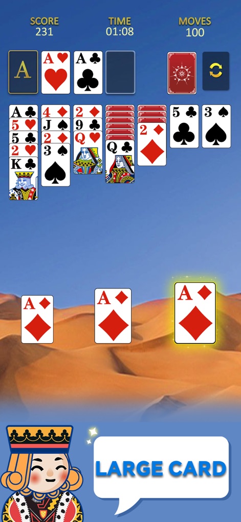 Solitaire Relax®: Classic Card - El diseño enfatiza la accesibilidad con cartas grandes y nítidas que mejoran la legibilidad, ofreciendo una experiencia visual cómoda para todos los usuarios y un contraste de color vibrante.
