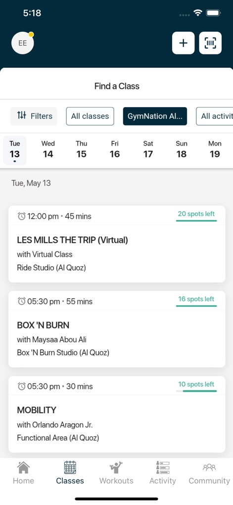 GymNation - Users can easily browse and filter available classes by type and date, clearly seeing the time slots and remaining spots.