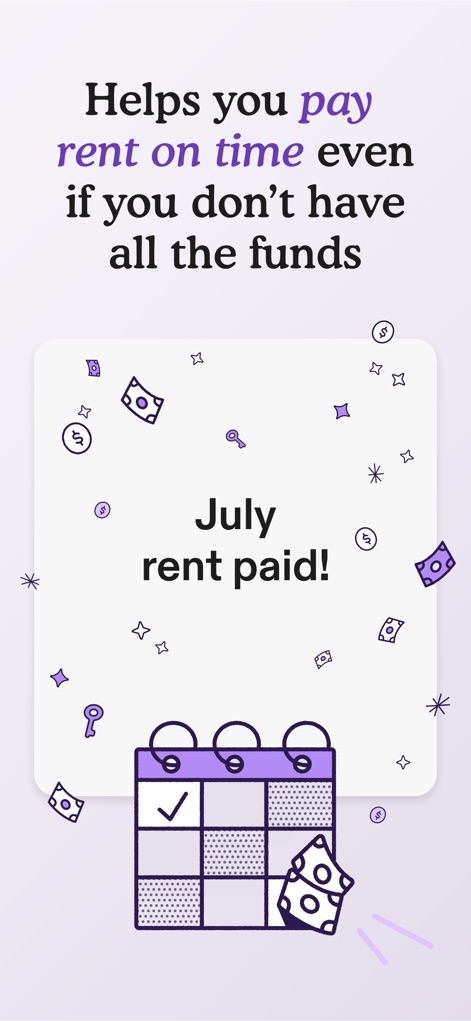 Flex - Rent On Your Schedule - The app provides a reassuring 'July rent paid!' confirmation, complete with a visual calendar checkmark, celebrating successful on-time payments.