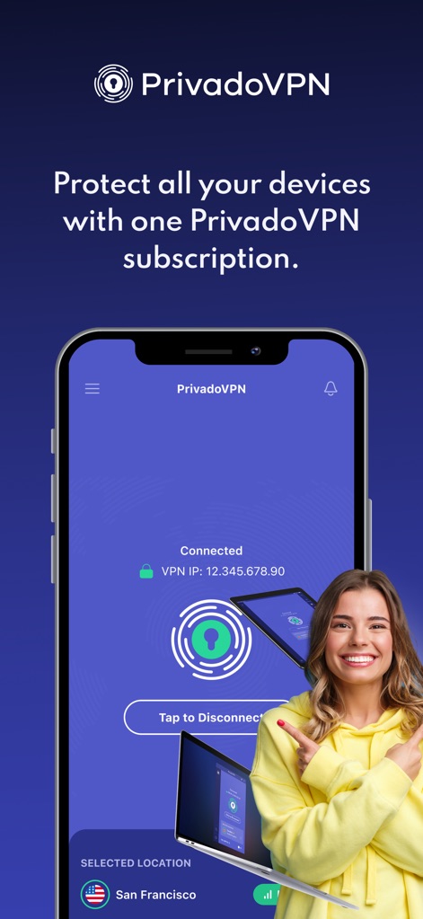 PrivadoVPN Fast VPN and Proxy - O aplicativo confirma que o usuário está "Connected" com um ícone de cadeado verde, simbolizando segurança, e destaca a proteção em múltiplos dispositivos como tablets e laptops.