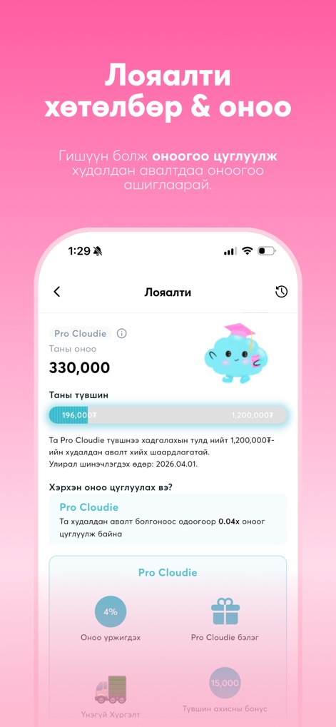 Cloud Nine Beauty - 사용자는 구매 시마다 포인트를 적립하고, 'Pro Cloudie'와 같은 로열티 등급에 따라 다양한 혜택과 '진행률 바'를 통해 등급 상승을 확인할 수 있습니다.