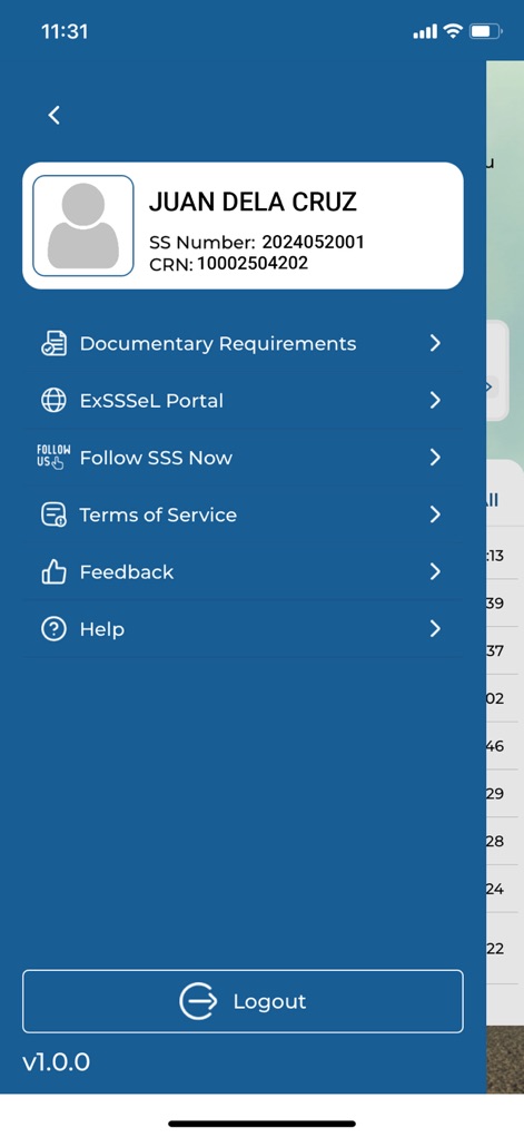 MySSS - This navigation menu offers quick access to personal details, including the user's name and SSS/CRN numbers, alongside essential resources like Documentary Requirements.