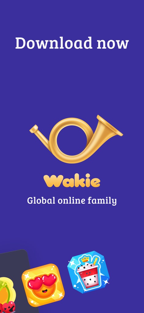 Wakie Chat: Talk with Friends - 이 앱은 Wakie 로고(나팔)와 "글로벌 온라인 가족"이라는 문구를 통해 전 세계 사용자를 연결하는 커뮤니티의 가치를 전달합니다.