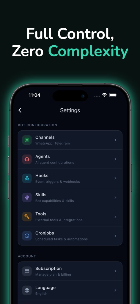 GoClaw - OpenClaw App - Die Abbildung präsentiert ein übersichtliches Einstellungsmenü, das die Konfiguration von Kanälen und die Verwaltung von KI-Fähigkeiten ermöglicht, um den Bot präzise an individuelle Bedürfnisse anzupassen.