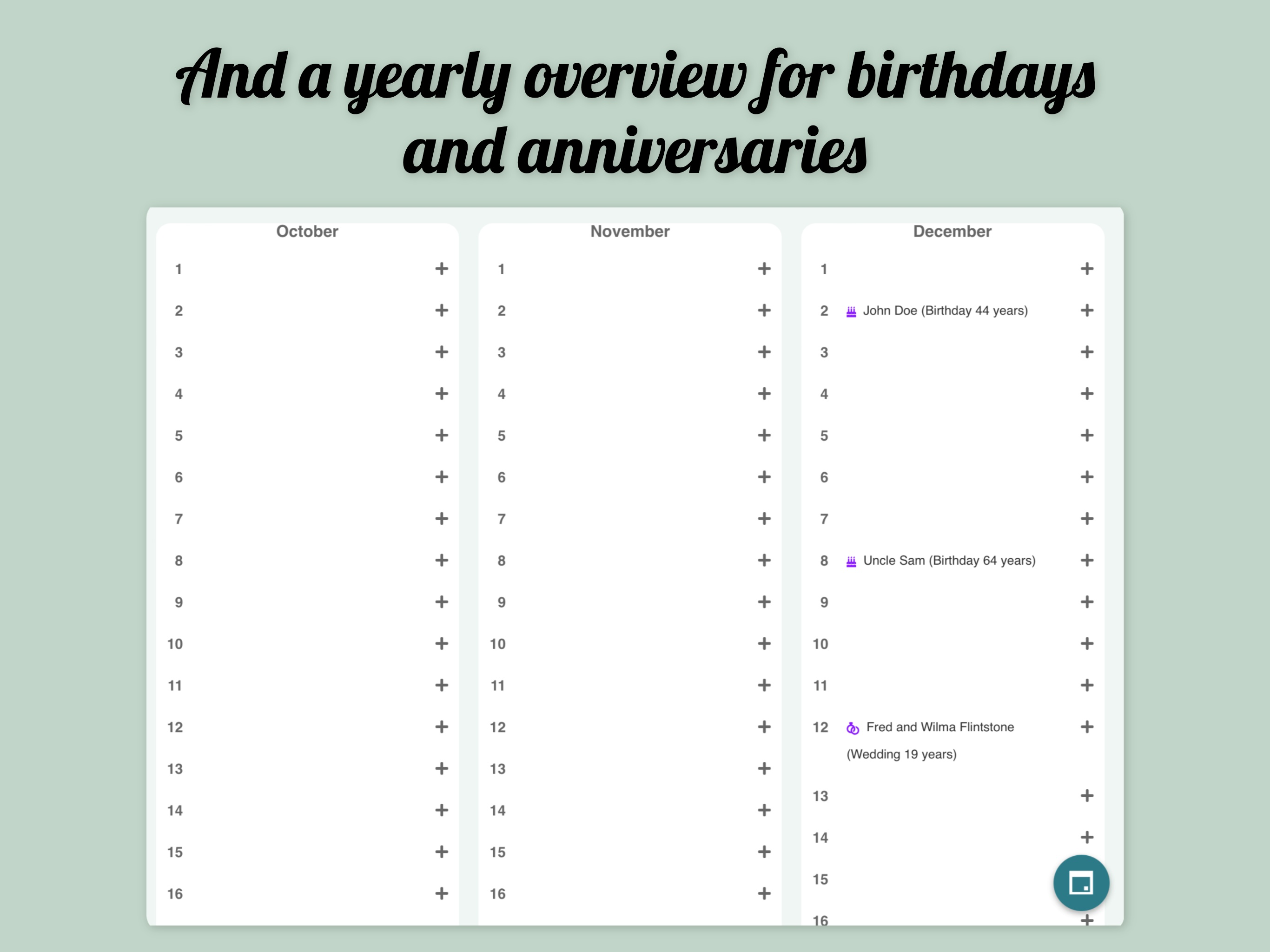 Klender, family calendar