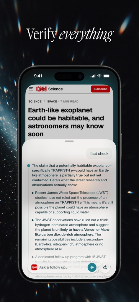 Comet - AI Browser & Assistant - Observe the app's capability to instantly 'fact check' information and summarize key details directly within an article, enhancing trustworthiness.