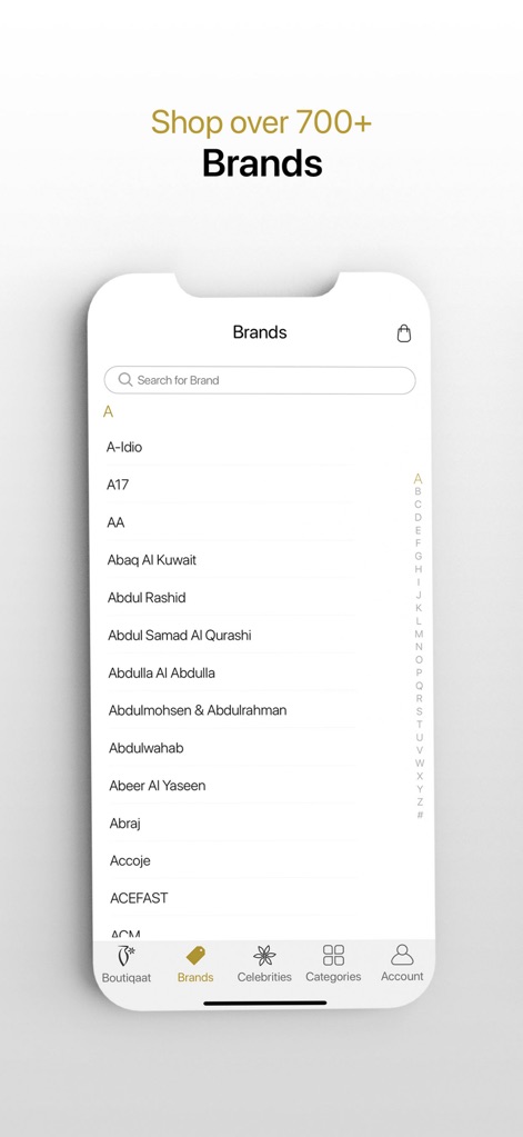 Boutiqaat بوتيكات - This tool allows users to easily browse an extensive alphabetical listing of premium brands and utilize the quick-access search bar for specific product lines.