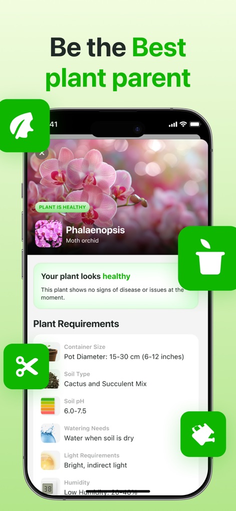 Plant Identifier & Care App - Users receive detailed care information for their plants, including specific 'Plant Requirements' like container size and ideal 'Light Requirements' for optimal health.