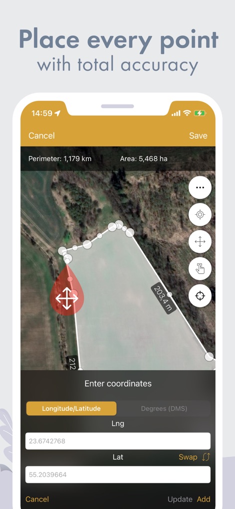 GPS Fields Area Measure Map - La aplicación permite un control milimétrico sobre los puntos de medición, mostrando el 'Perimeter: 1,179 km' y facilitando la entrada o ajuste de coordenadas de 'Longitude/Latitude' para una ubicación exacta.