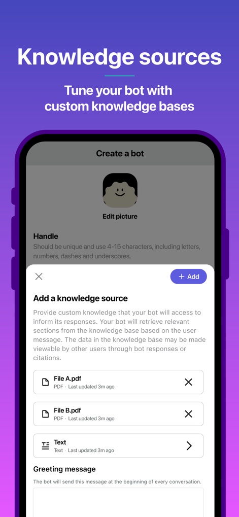 Poe – Fast AI Chat - This feature allows for deep customization by enabling users to 'Add a knowledge source' with files like 'File A.pdf', empowering bots with specific information.