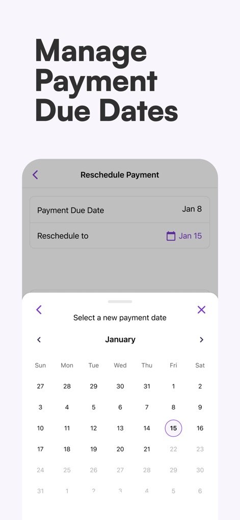 Sezzle: Buy Now, Pay Later - Users can effortlessly "Reschedule Payment" due dates, easily selecting a new date like "Jan 15" from the integrated "calendar" interface.