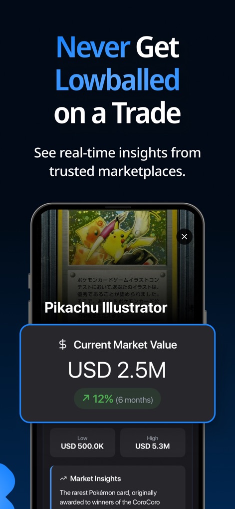 Cardly AI: Sports Card Scanner - Esta herramienta asegura que los coleccionistas tomen decisiones informadas, mostrando el valor actual de mercado de una carta específica y las tendencias de precios con un porcentaje de cambio.