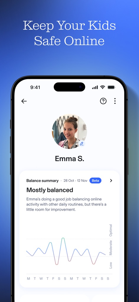Aura: Security & Protection - See how Aura: Security & Protection provides insight into a child's online habits through a dedicated profile like "Emma S." and a visual "Balance summary" chart.