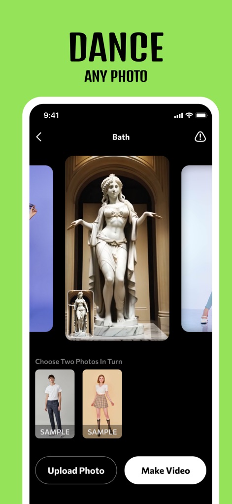 Photo Dance: AI Baby Dance - This tool showcases its versatile AI by animating unconventional subjects like statues, prompting users to 'Choose Two Photos In Turn' for unique creations.