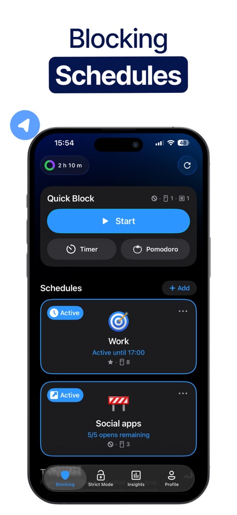 AppBlock: Block Apps & Website - 本アプリは、「クイックブロック」機能で即座に集中状態に入ることができ、「スケジュール」セクションでは「ソーシャルアプリ」のように残りの利用可能回数を設定したブロックが可能です。