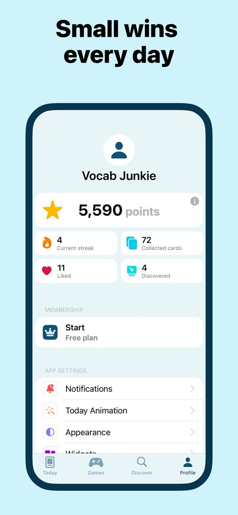 Word of the Day・Vocabulary - The app motivates users by tracking progress, displaying achieved points and current streaks, and offering customizable app settings for a tailored experience.