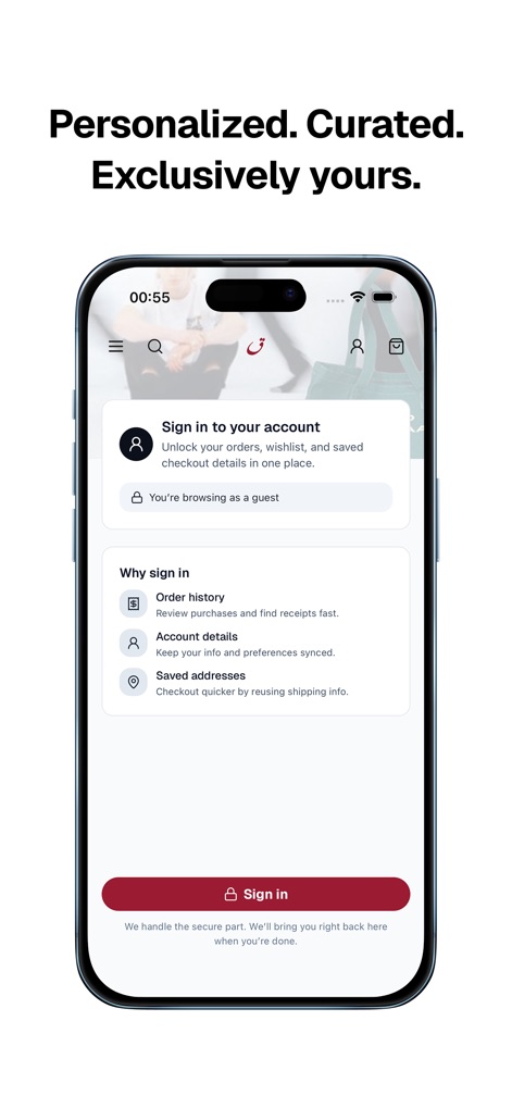 OptionQaaf - L'app incoraggia la creazione di un account, evidenziando i vantaggi come "Order history" e "Saved addresses" per un'esperienza di acquisto più fluida e personalizzata.