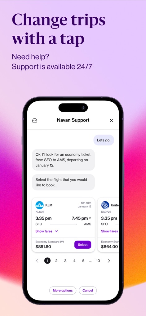 Navan - Explore how the app facilitates swift trip modifications through its in-app chat interface and provides detailed flight options for user selection.