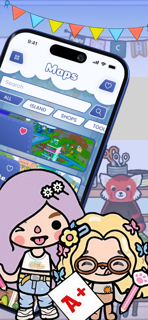 School Days for TC World - See happy Toca World characters celebrating their achievements with an 'A+' report card, while the app’s interface showcases various new maps including the 'Island' category.