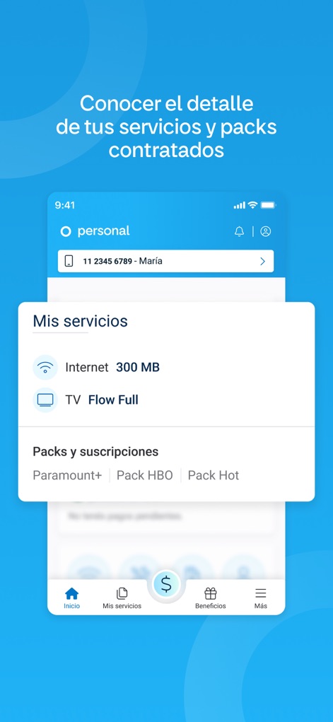 Mi Personal - View a comprehensive breakdown of 'Mis servicios' including Internet and TV subscriptions, alongside details of 'Packs y suscripciones' like Paramount+ and HBO.