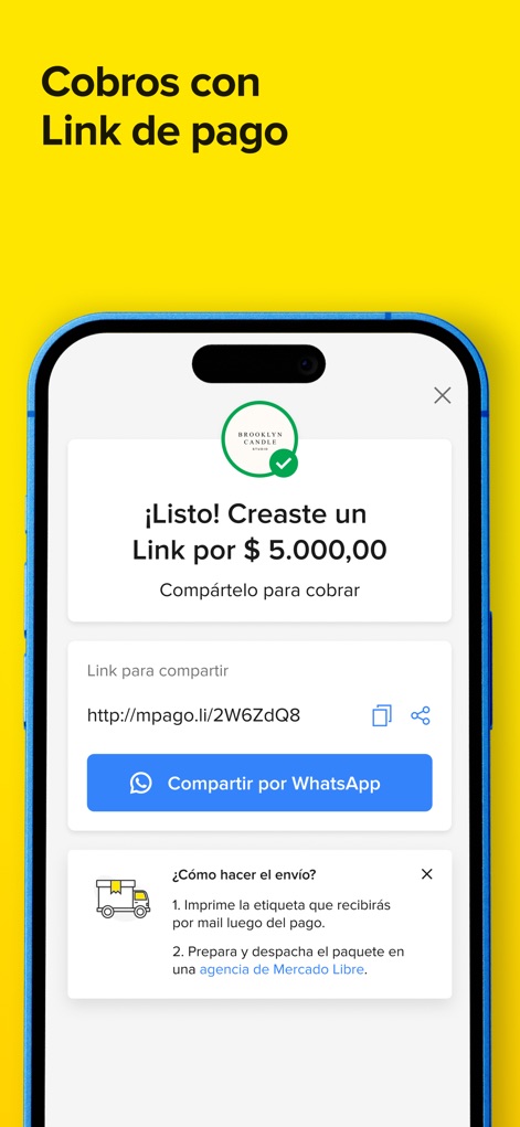 Mercado Pago: cuenta digital - La herramienta permite a los usuarios crear y compartir enlaces de pago de $5,000.00, con la opción de distribuir por WhatsApp y gestionar envíos.