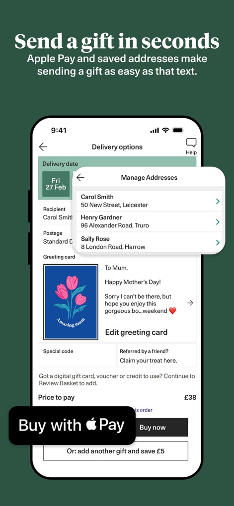 Bloom & Wild - Flowers & Gifts - This app streamlines the gifting process, showcasing seamless Apple Pay integration and the convenience of saved addresses for quick transactions.