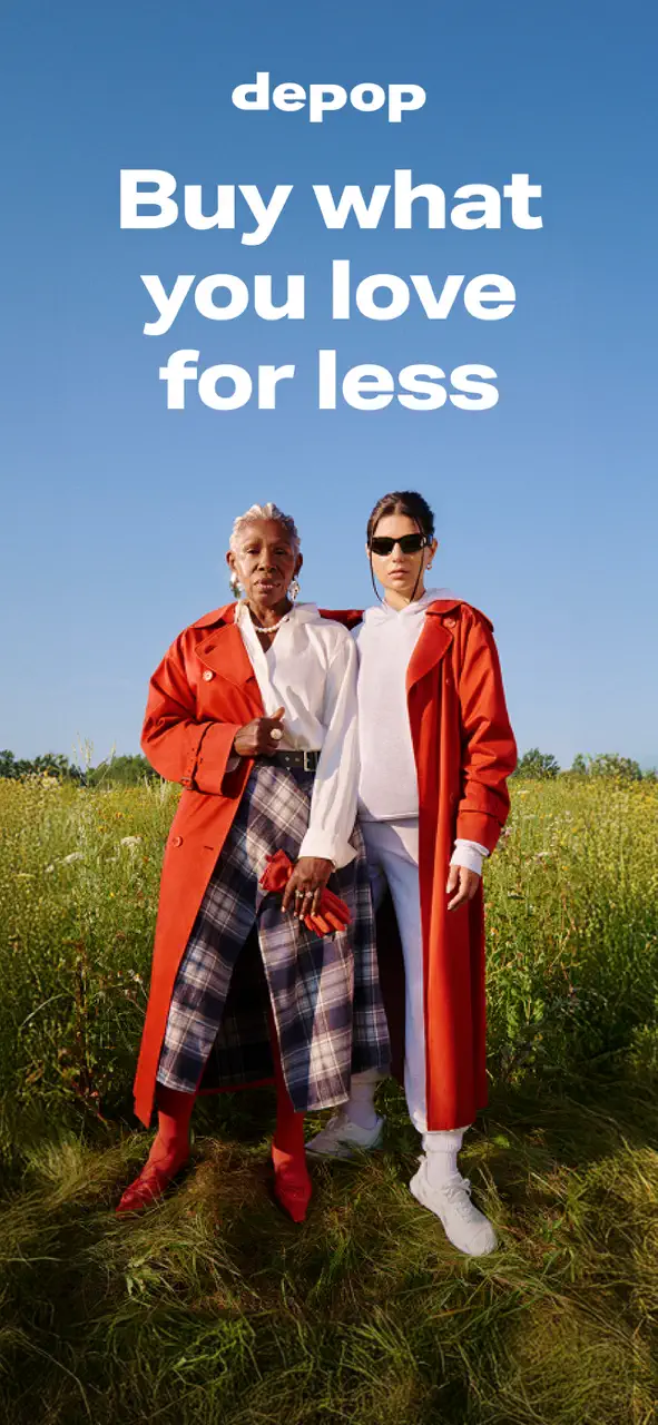 Une femme et un enfant souriants, accompagnés d'un texte soulignant que Depop ne prélève aucune commission sur les ventes de sa plateforme.